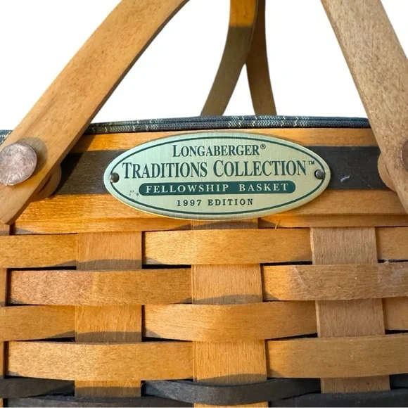 Longaberger Green, Yellow and Brown Woven Tote with Plaid Liner - Picture 3 of 7